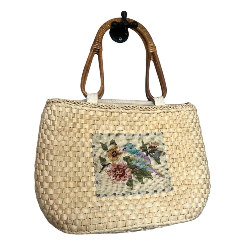 Vintage Raffia Straw Needlepoint Grannycore Handbag